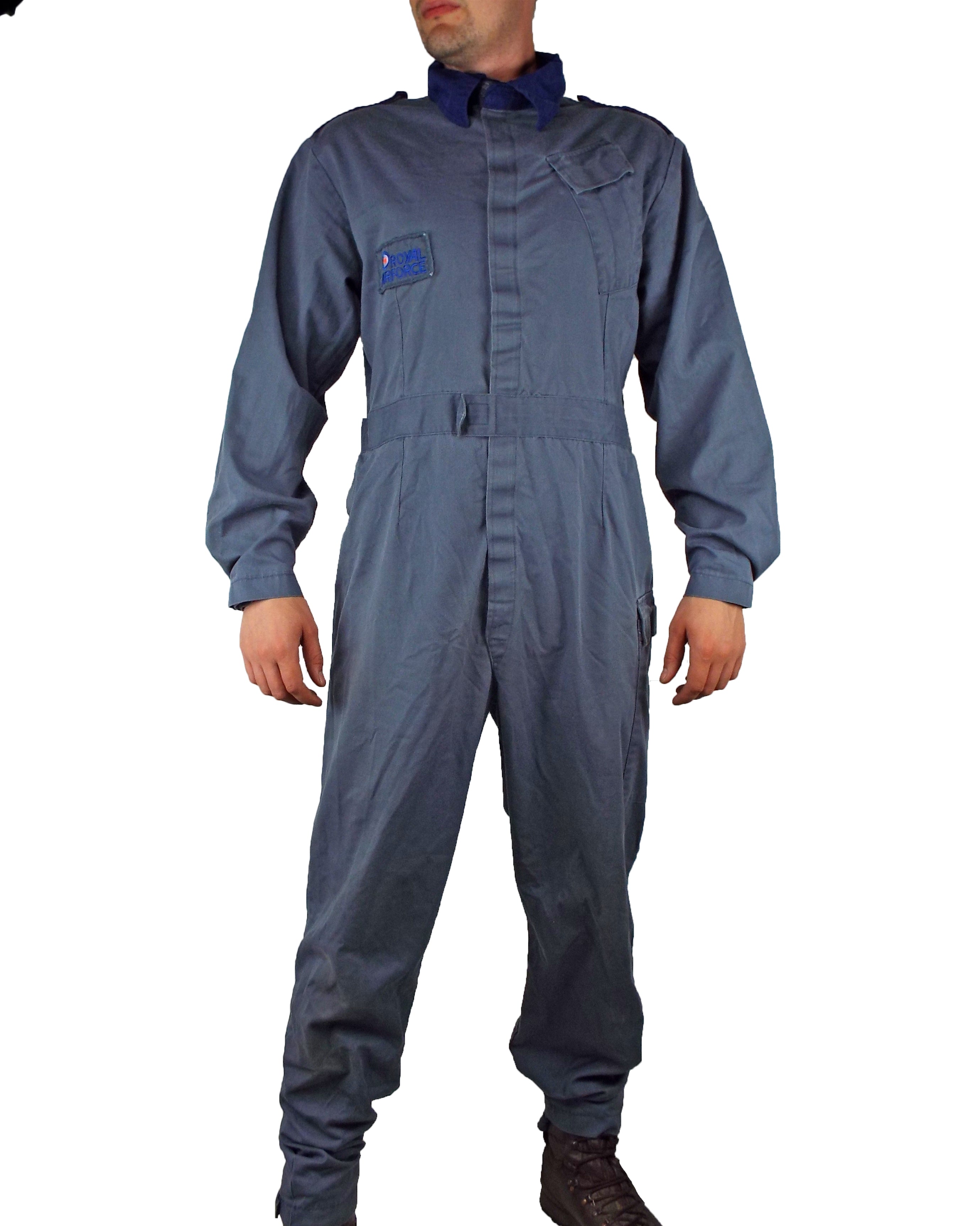 Full-length view of a British RAF blue/grey overall with official Royal Air Force chest patch and navy collar, worn by a technician.