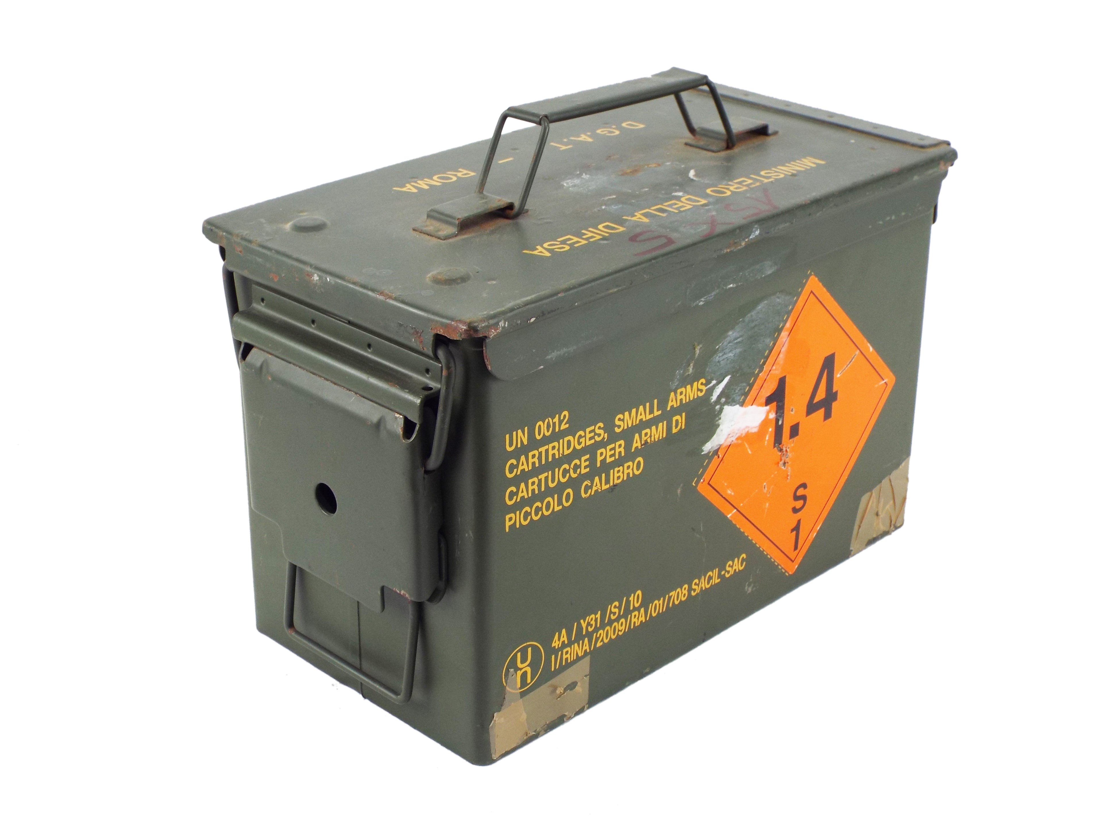 Olive green steel 50 Cal ammo box with hazard warning sticker, featuring Italian military markings and a durable carry handle.