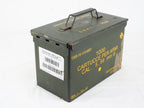 Grade 1 army surplus 5.56mm ammo box, olive green finish with original shipping labels, barcode, and steel hinge details.