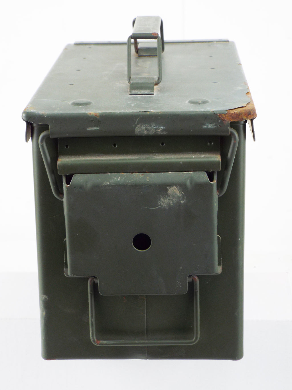 End profile view of a NATO olive green steel storage box, showing the robust locking swing catch and hinge mechanism.