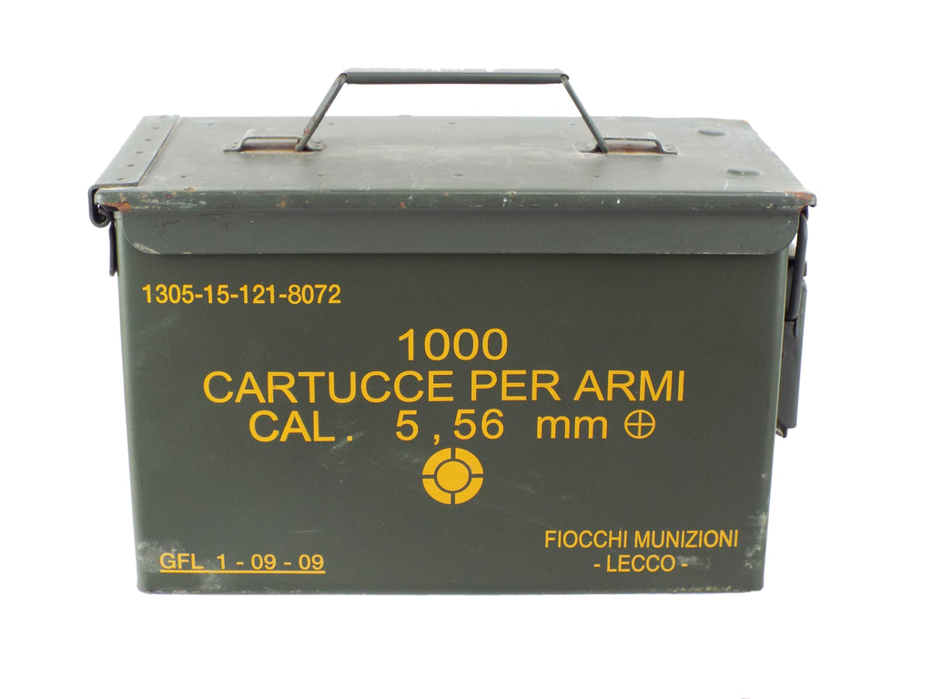 Close-up of the front side of a 50 Cal ammo box displaying NATO technical specifications, model markings, and Fiocchi Munizioni branding.
