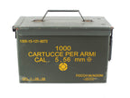 Close-up of the front side of a 50 Cal ammo box displaying NATO technical specifications, model markings, and Fiocchi Munizioni branding.