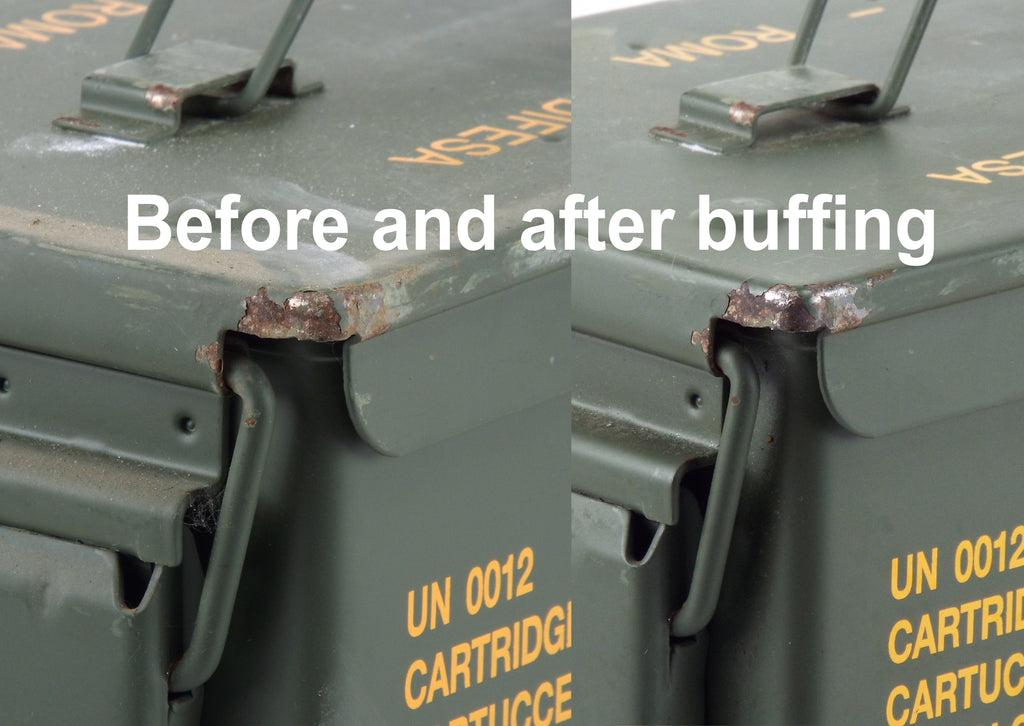 Comparative view showing the surface condition of a Grade 1 surplus ammo box before and after the buffing process to remove minor rust.