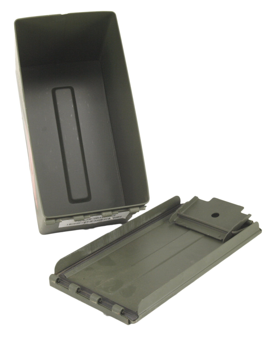 Empty 5.56mm ammo box with the lid detached, highlighting the clean internal space and the waterproof rubber seal around the rim.