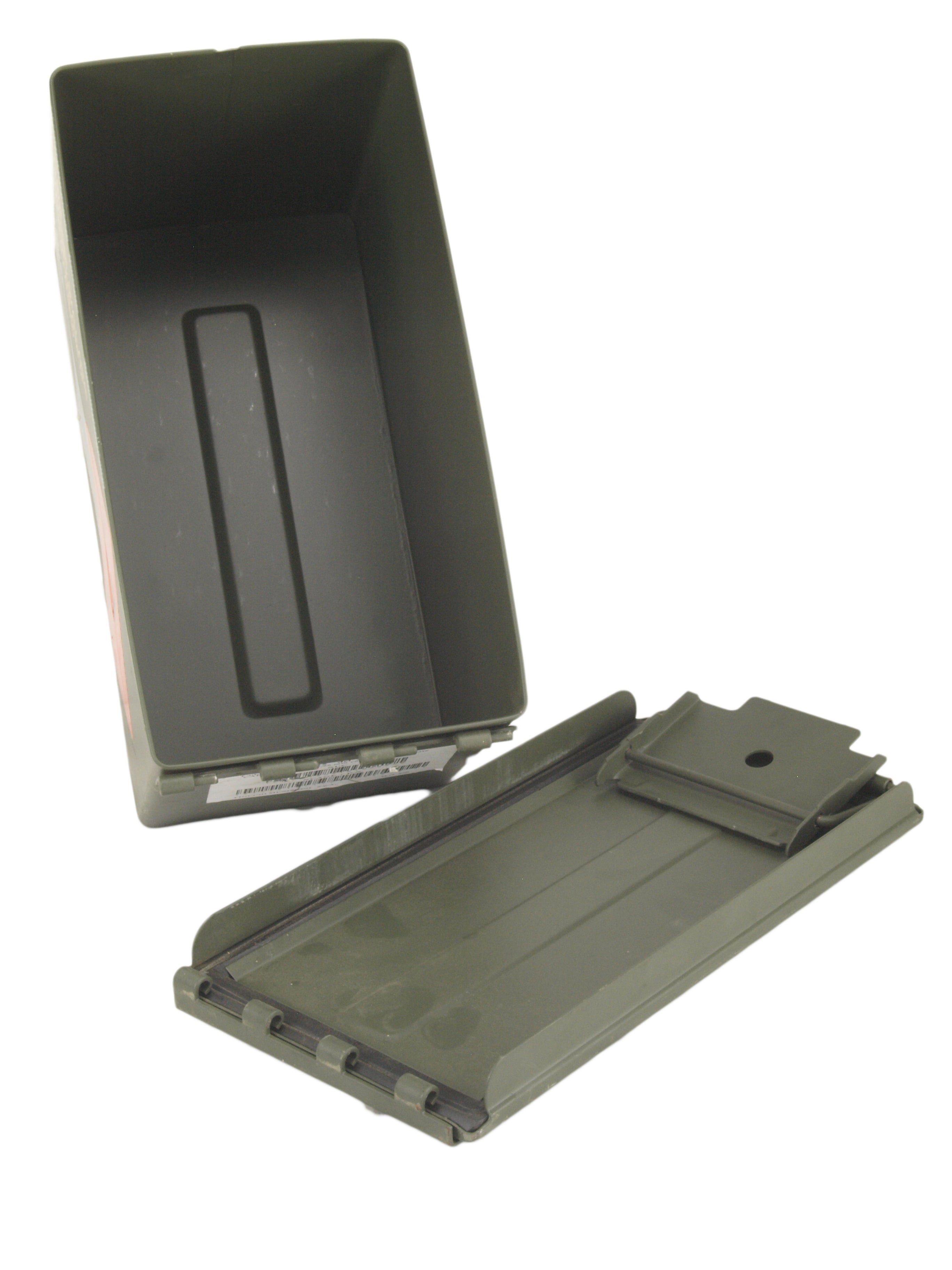 Empty 5.56mm ammo box with the lid detached, highlighting the clean internal space and the waterproof rubber seal around the rim.