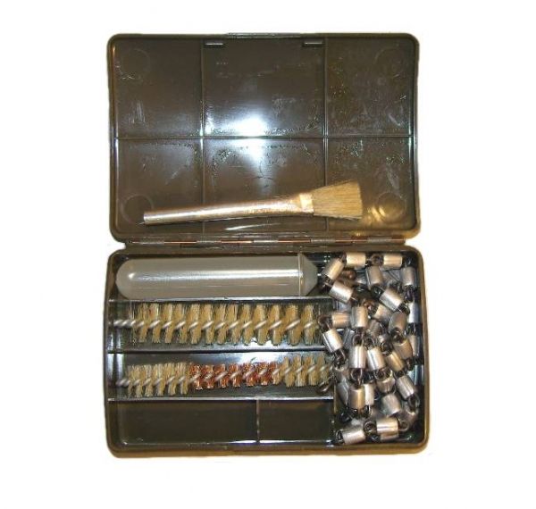German military 7.62mm and 9mm weapon cleaning kit in a plastic case with pull-through chain, wire brushes, oil bottle, and cleaning brush.