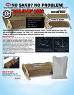 A detailed product infographic for Dam It Up flood bags, explaining SAP500 polymer technology, expansion dimensions, and instructions for protecting doorways against water.
