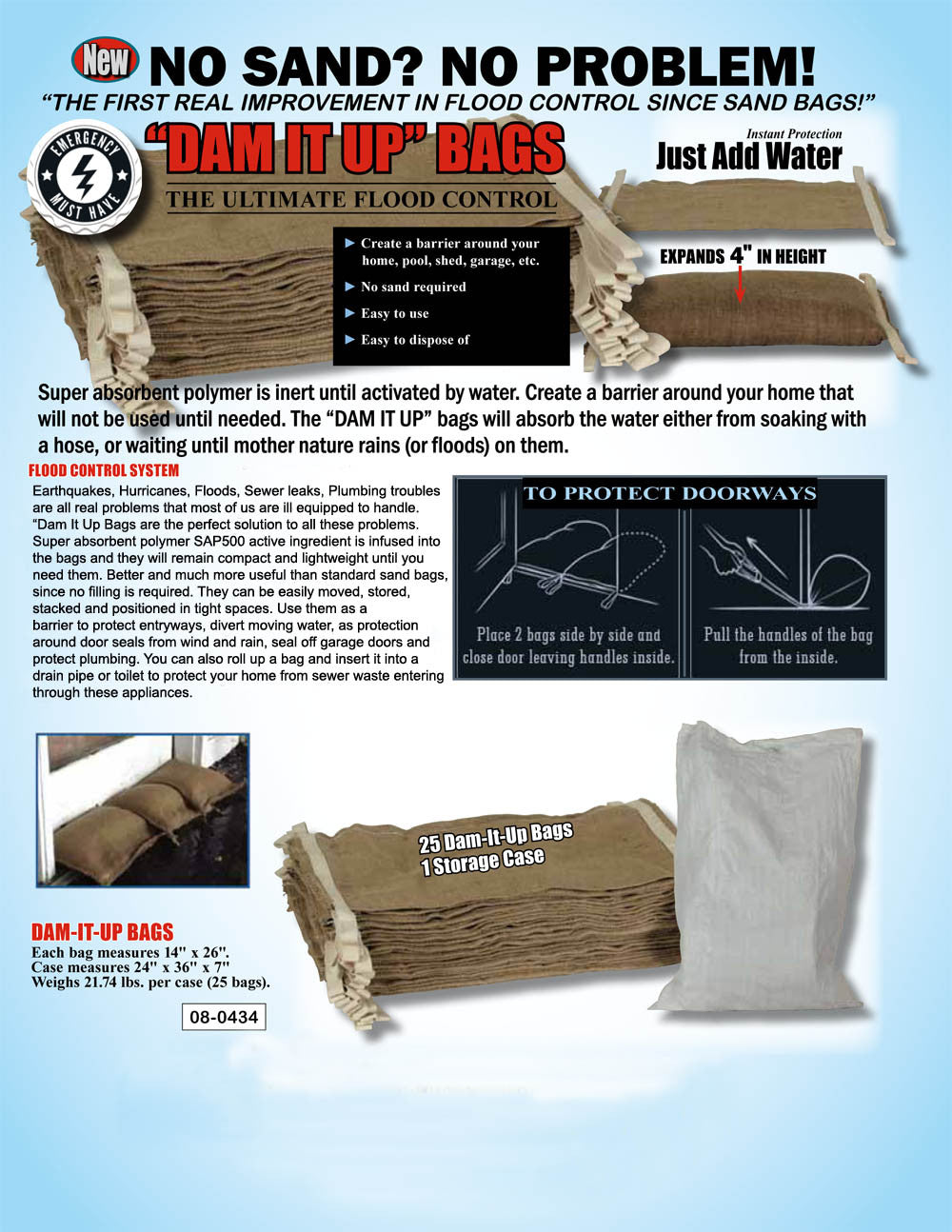 A detailed product infographic for Dam It Up flood bags, explaining SAP500 polymer technology, expansion dimensions, and instructions for protecting doorways against water.