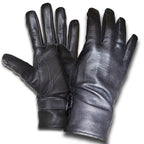 Pair of brand new French military black leather driving gloves with velcro wrist fasteners isolated on white.