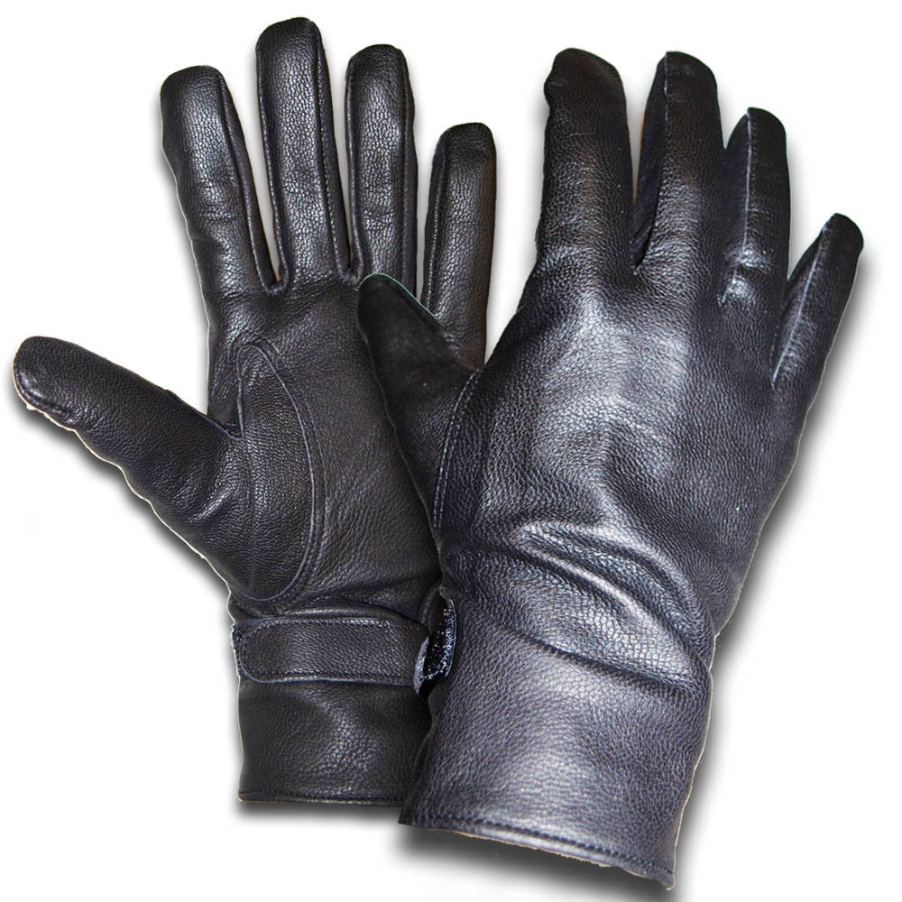 Pair of brand new French military black leather driving gloves with velcro wrist fasteners isolated on white.