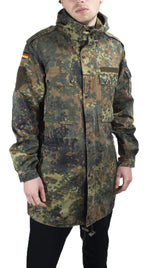 German Army Flecktarn Parka featuring iconic five-color camouflage pattern and authentic shoulder flag patches.