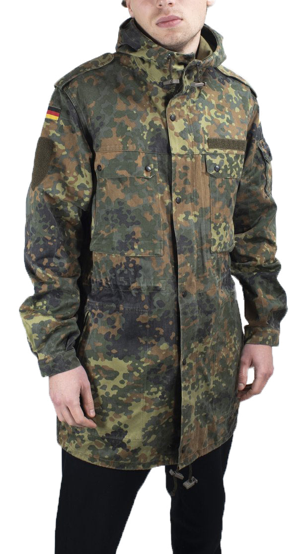 German Army Flecktarn Parka featuring iconic five-color camouflage pattern and authentic shoulder flag patches.