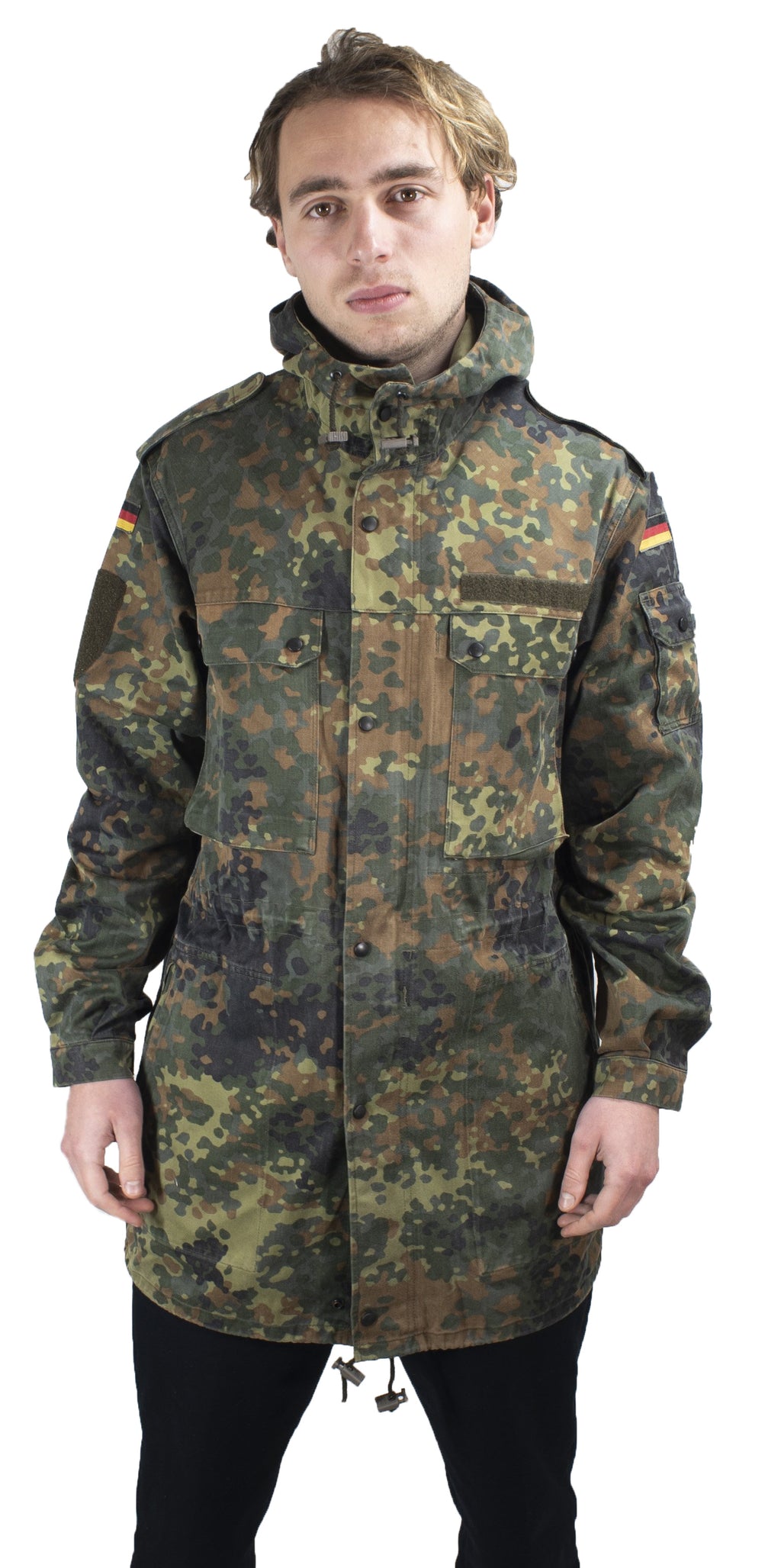 Front view of the Bundeswehr Feldparka showing the heavy-duty zipper, storm flap, and adjustable drawstring waist.