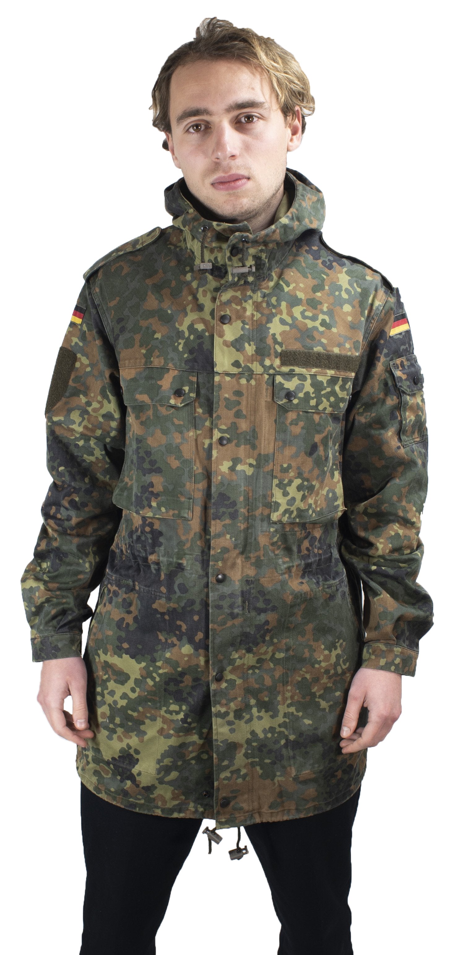 Front view of the Bundeswehr Feldparka showing the heavy-duty zipper, storm flap, and adjustable drawstring waist.