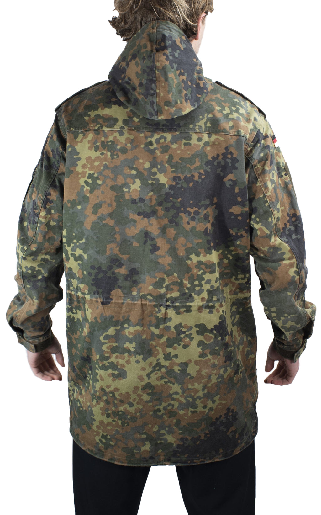Rear view of the German Army Flecktarn Parka showcasing the woodland camo pattern and integrated hood.