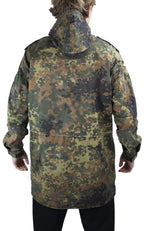 Rear view of the German Army Flecktarn Parka showcasing the woodland camo pattern and integrated hood.