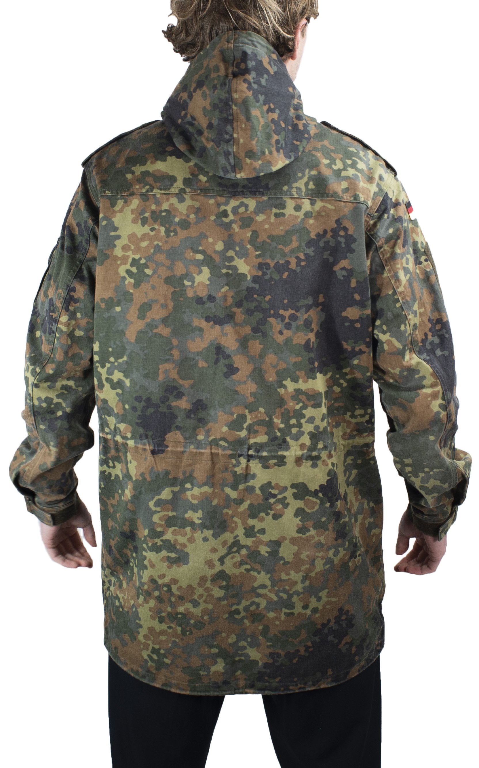 Rear view of the German Army Flecktarn Parka showcasing the woodland camo pattern and integrated hood.