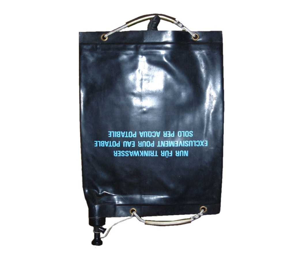 Swiss military water bladder shown inverted, featuring multilingual drinking water text, robust rubberised canvas, and convenient carry handles.