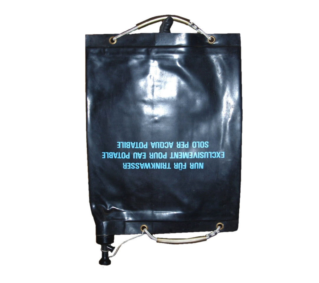 Swiss military water bladder shown inverted, featuring multilingual drinking water text, robust rubberised canvas, and convenient carry handles.